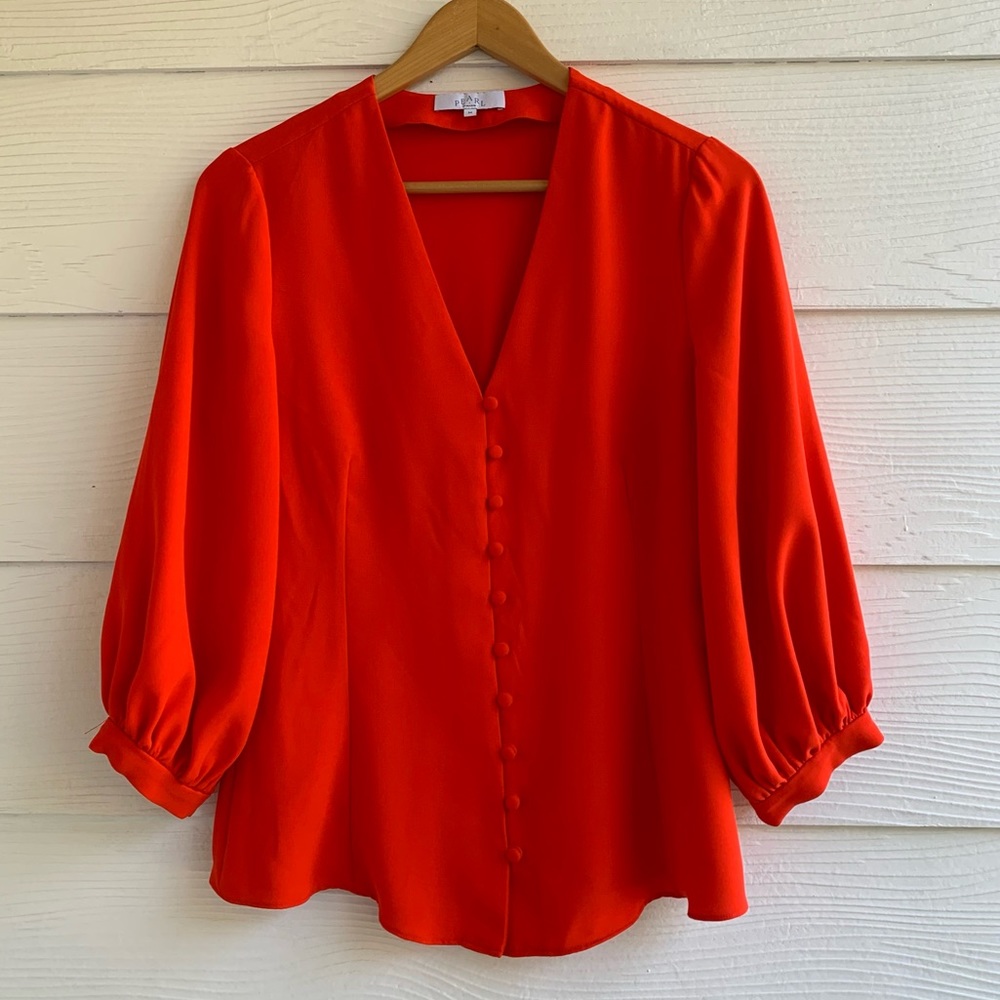 Pearl by Lela Rose Orange Blouse Top Medium Puff Sleeve V-neck Buttons